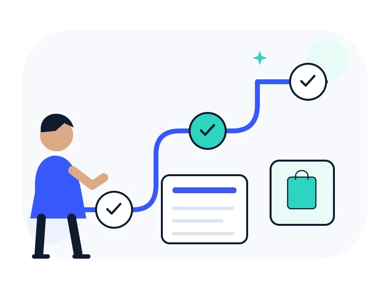 A beginner follows a three-stage learning path with checkpoints and simple store tasks.