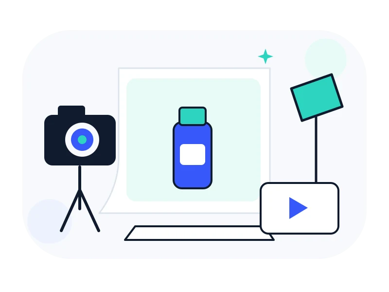 A product photographed in a simple studio with camera and video cues.